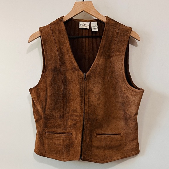 On Trend Vintage Genuine Suede Brown Zip-up Vest - Picture 3 of 14